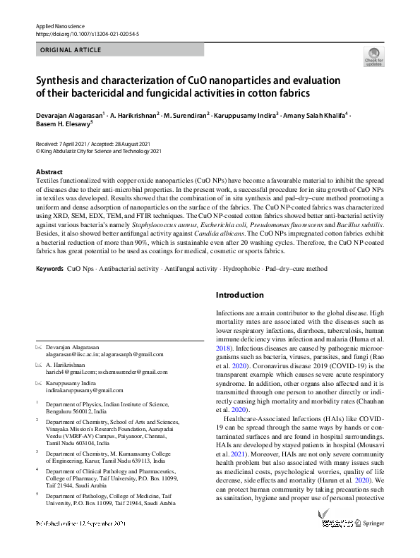 (PDF) Synthesis and characterization of CuO nanoparticles and ...