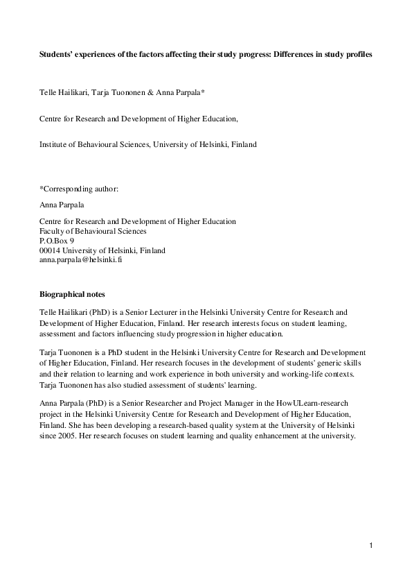 (PDF) Factors Influencing Student Study Progress Profiles