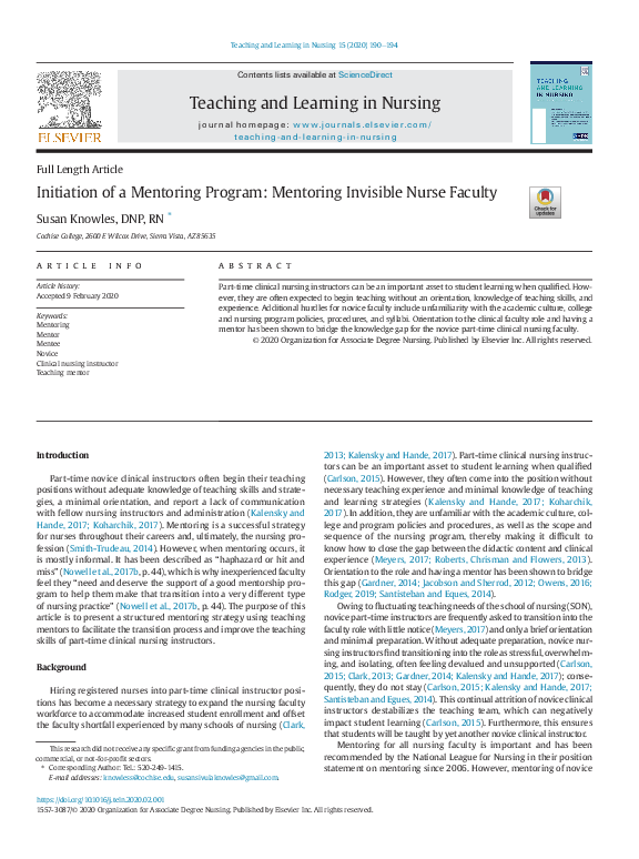 (PDF) Initiation of a Mentoring Program: Mentoring Invisible Nurse Faculty