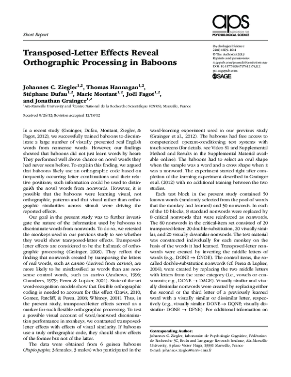 (PDF) Transposed-Letter Effects Reveal Orthographic Processing in Baboons