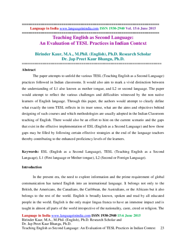 (PDF) Teaching English as Second Language: An Evaluation of TESL ...