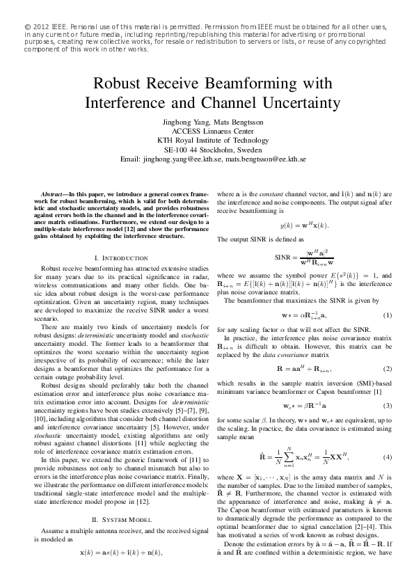 (PDF) Robust receive beamforming with interference and channel uncertainty