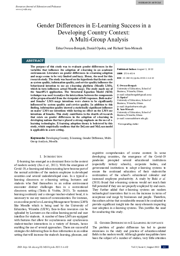 (PDF) Gender Differences in E-Learning Success in a Developing Country ...