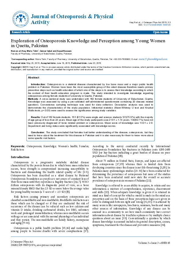 (PDF) Exploration of Osteoporosis Knowledge and Perception among Young ...