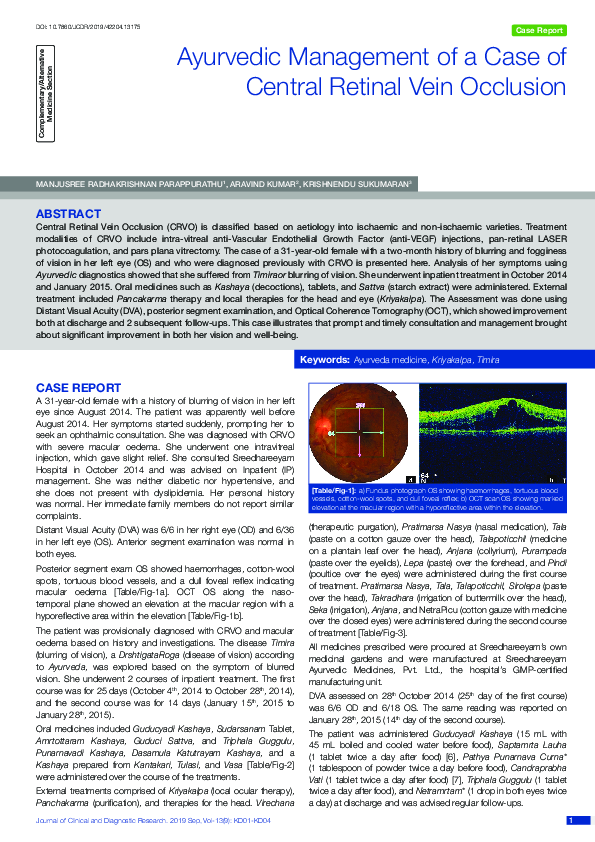 (PDF) Ayurvedic Management of a Case of Central Retinal Vein Occlusion
