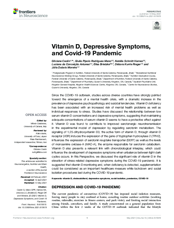 (PDF) Vitamin D, Depressive Symptoms, and Covid19 Pandemic Gilciane