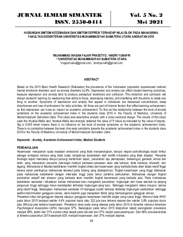 (PDF) Hubungan Simtom Kecemasan Dan Simtom Depresi Terhadap Nilai Blok ...