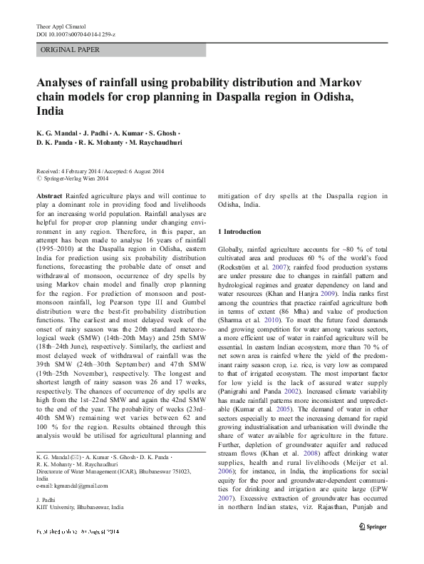 (PDF) Analyses of rainfall using probability distribution and Markov ...