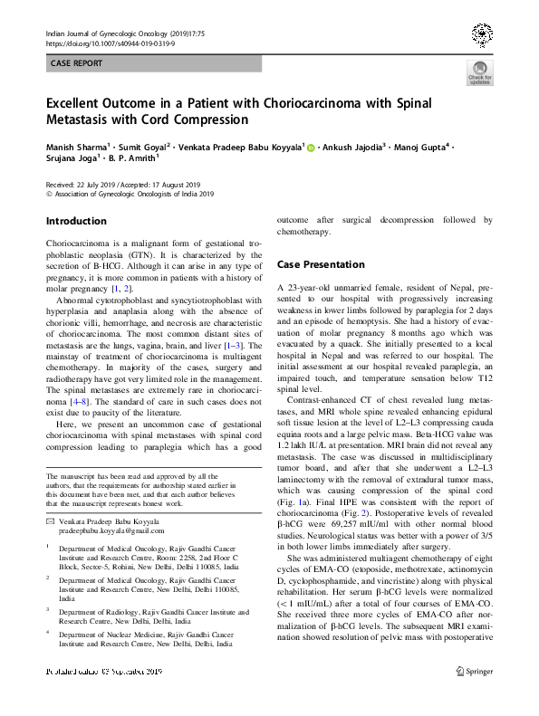 (PDF) Excellent Outcome in a Patient with Choriocarcinoma with Spinal ...