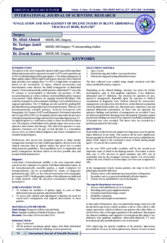 (PDF) Evaluation and Management of Splenic Injury in Blunt Abdominal ...