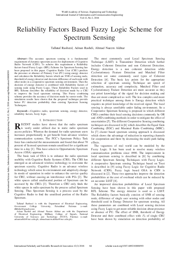 (PDF) Reliability Factors Based Fuzzy Logic Scheme For Spectrum Sensing
