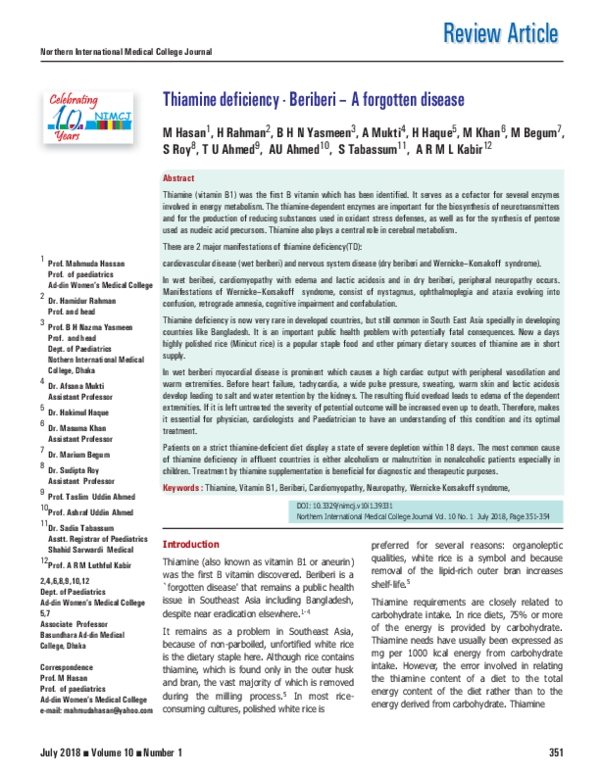 (PDF) Thiamine deficiency Beriberi A disease Prof