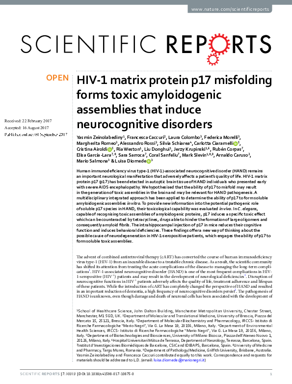 (PDF) HIV-1 matrix protein p17 misfolding forms toxic amyloidogenic ...