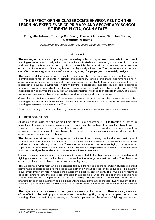 (PDF) The Effect of the Classroom’s Environment on the Learning ...