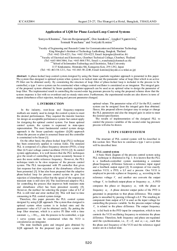(PDF) Application of LQR for Phase-Locked Loop Control Systems