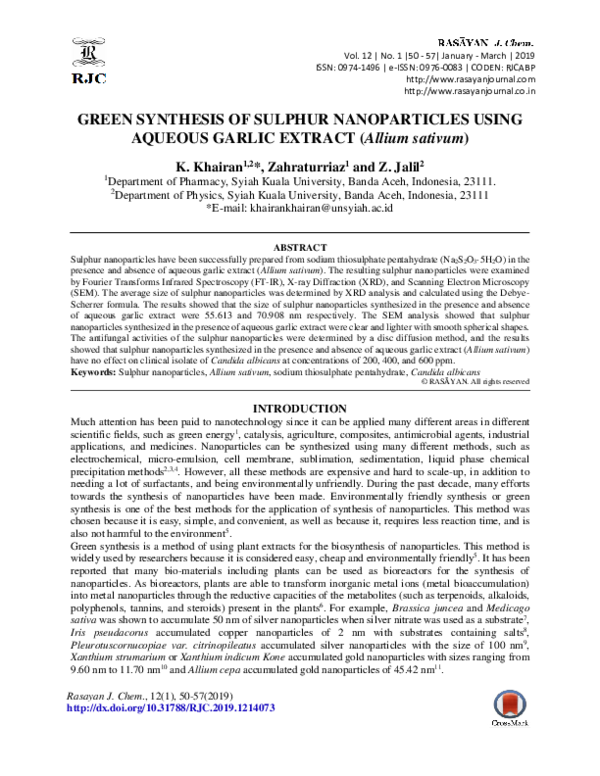 (PDF) GREEN SYNTHESIS OF SULPHUR NANOPARTICLES USING AQUEOUS GARLIC ...