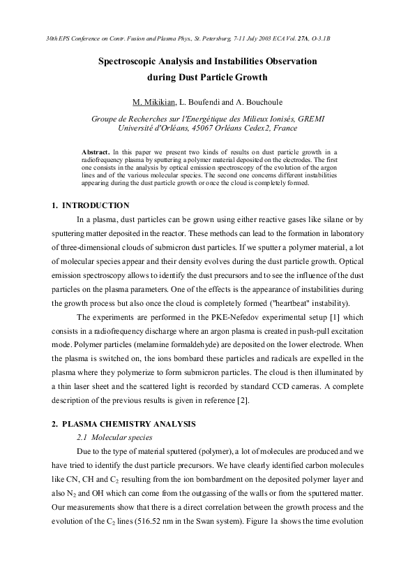(PDF) Spectroscopic analysis and instabilities observation during dust ...