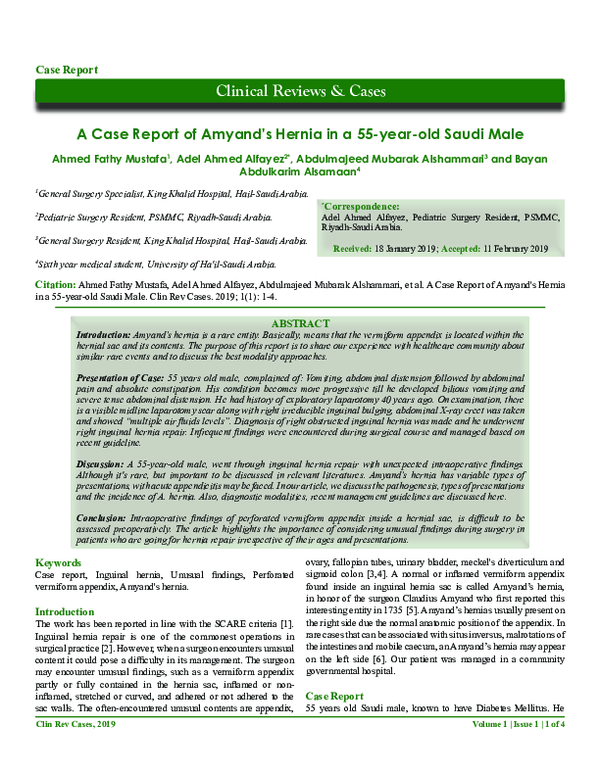 (PDF) A Case Report of Amyand's Hernia in a 55-year-old Saudi Male