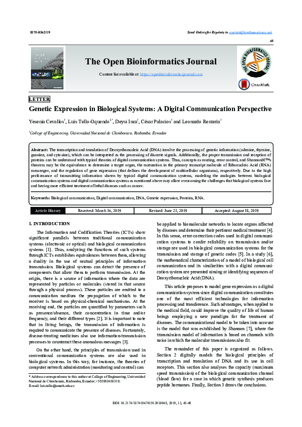 (PDF) A Digital Communication Analysis of Gene Expression of Proteins ...