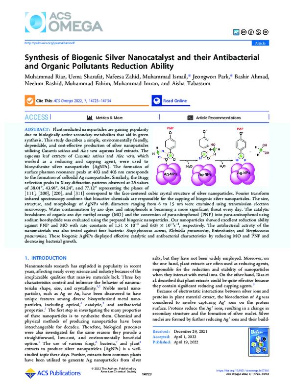 (PDF) Synthesis of Biogenic Silver Nanocatalyst and their Antibacterial ...