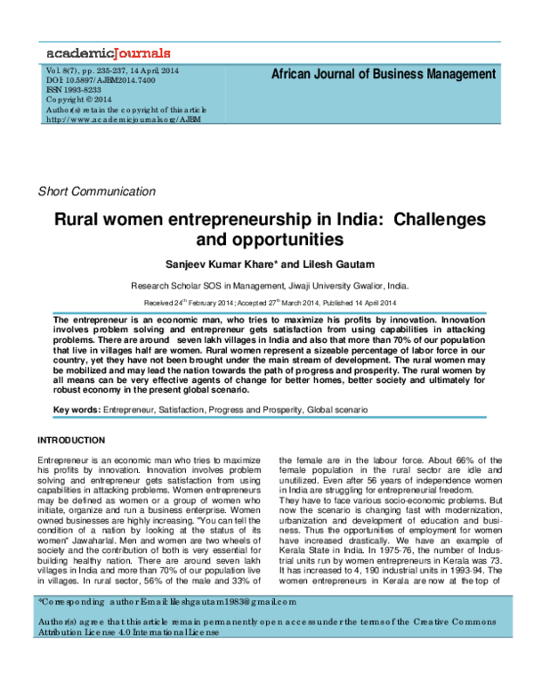 (PDF) Rural women entrepreneurship in India: Challenges and opportunities