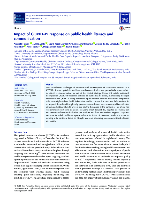 (PDF) Impact of COVID 19 response on public health literacy and ...