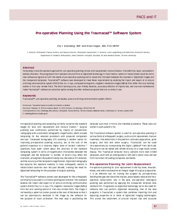 (PDF) Pre-operative Planning Using the Traumacad TM Software System