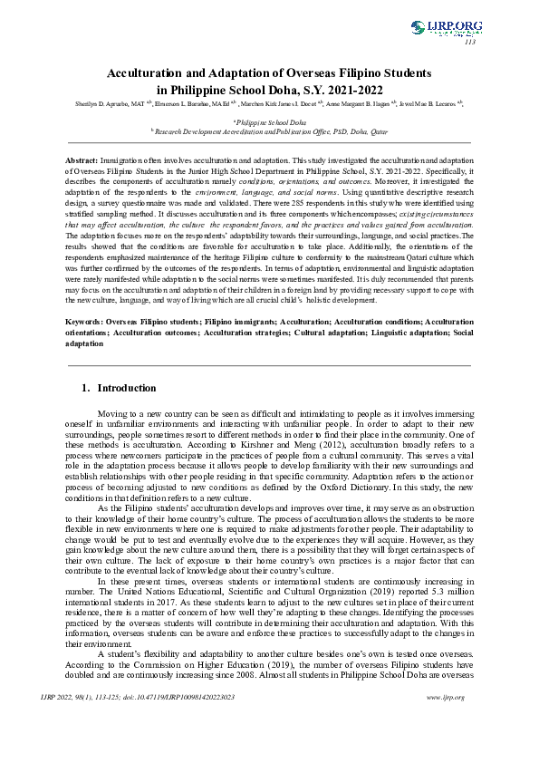 (PDF) Acculturation and Adaptation of Overseas Filipino Students in ...