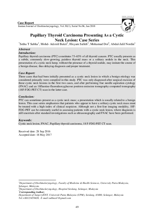 (PDF) Papillary Thyroid Carcinoma Presenting As a Cystic Neck Lesion ...
