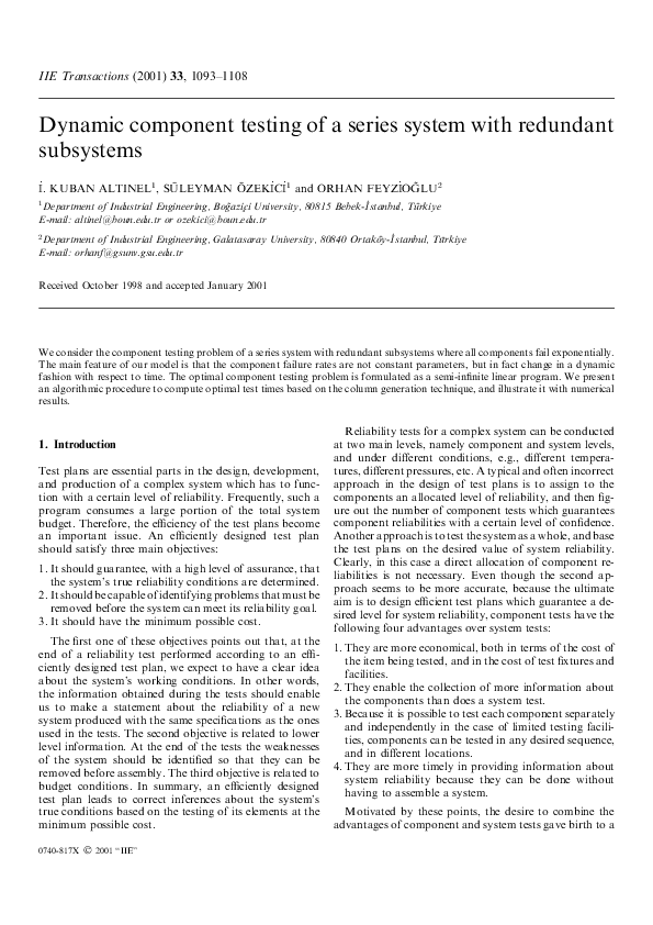 (PDF) Dynamic component testing of a series system with redundant ...