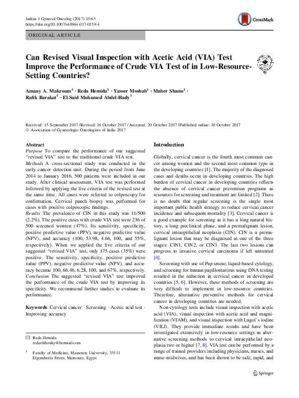 (PDF) Can Revised Visual Inspection with Acetic Acid (VIA) Test Improve