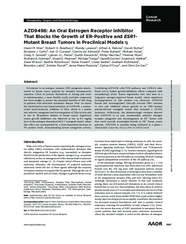 (PDF) AZD9496: An oral estrogen receptor inhibitor that blocks the ...