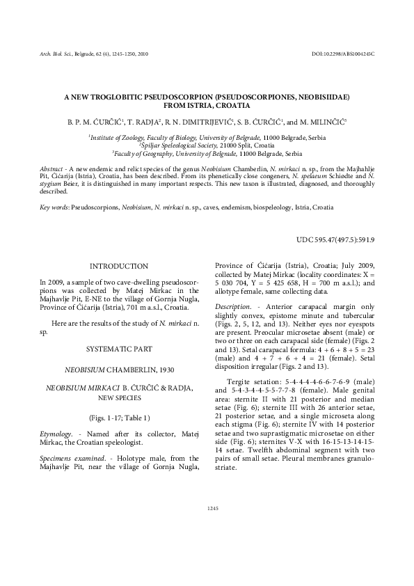 A new Troglobitic pseudoscorpion (Pseudoscorpiones, Neobisiidae) from Istria, Croatia