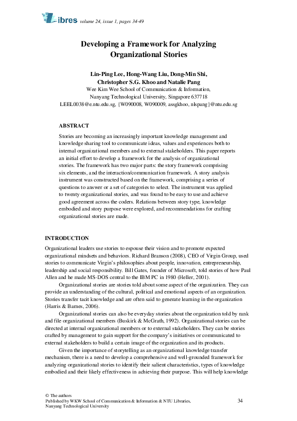(PDF) Developing a framework for analyzing organizational stories