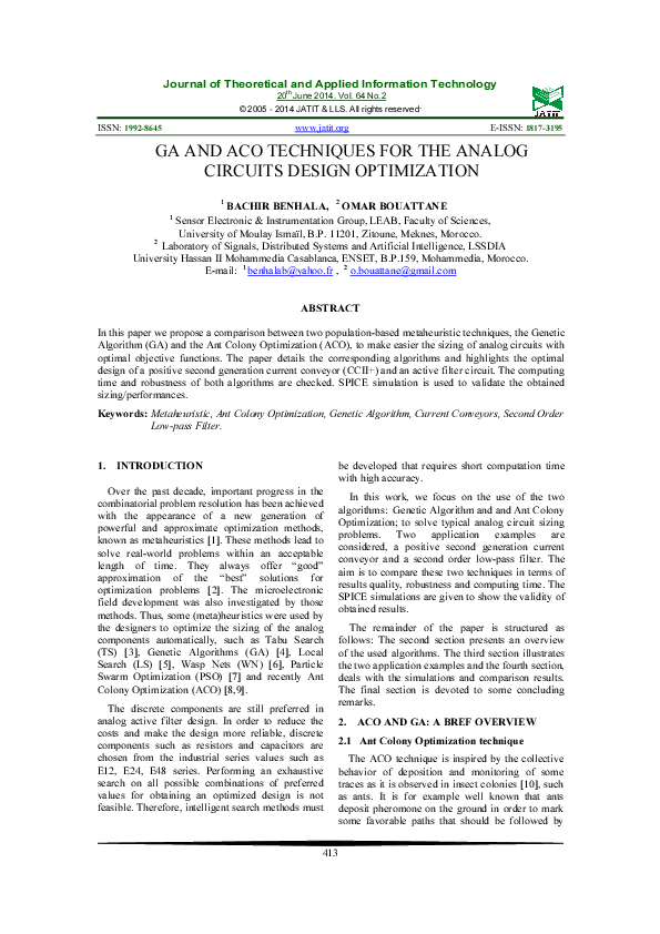 (PDF) Ga and Aco Techniques for the Analog Circuits Design Optimization