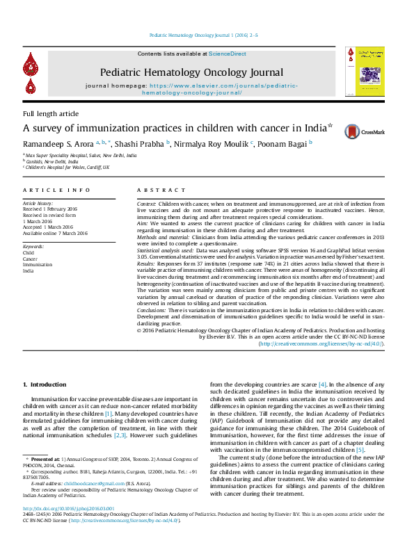 (PDF) A survey of immunization practices in children with cancer in India