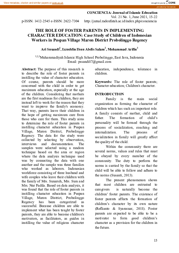 (PDF) The Role of Foster Parents in Implementing Character Education