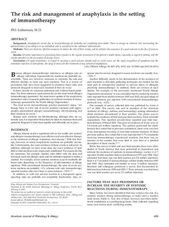 (PDF) The Risk and Management of Anaphylaxis in the Setting of ...