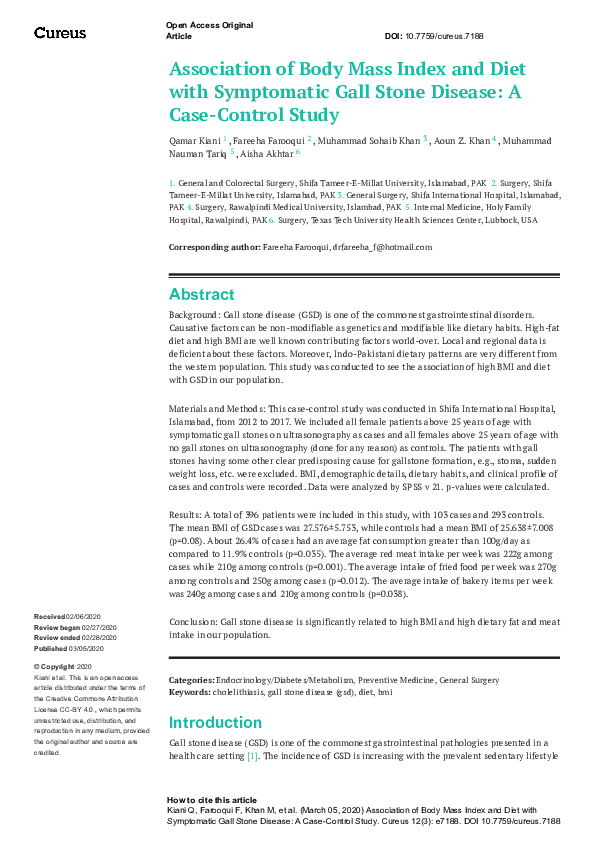 (PDF) Association of Body Mass Index and Diet with Symptomatic Gall ...