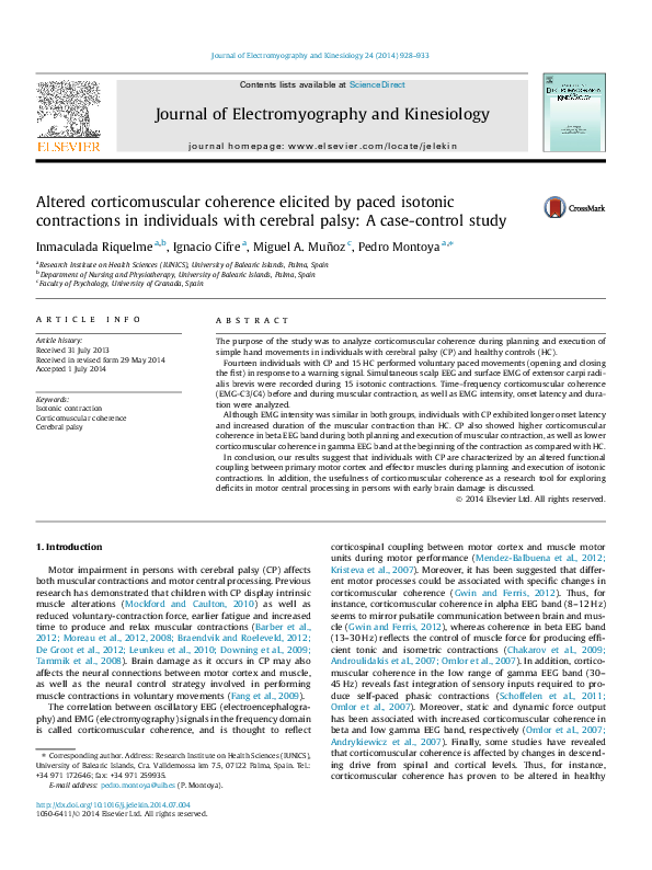 Altered corticomuscular coherence elicited by paced isotonic contractions in individuals with cerebral palsy: a case-control study