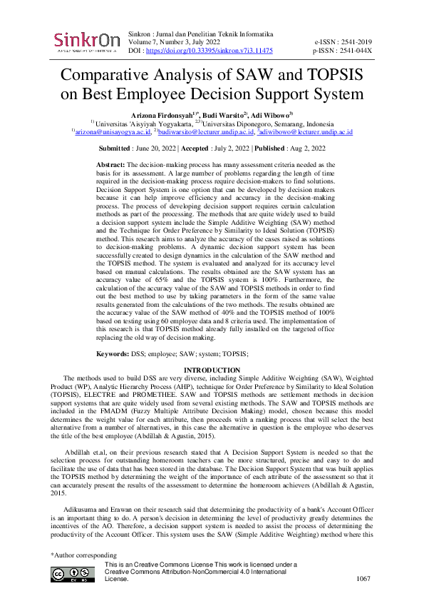 (PDF) Comparative Analysis of SAW and TOPSIS on Best Employee Decision ...
