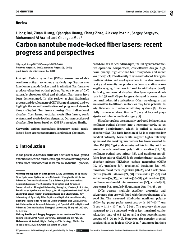 (PDF) Carbon nanotube mode-locked fiber lasers: recent progress and ...