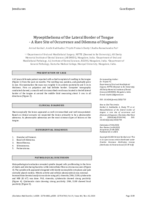 (PDF) Myoepithelioma of the Lateral Border of Tongue - A Rare Site of