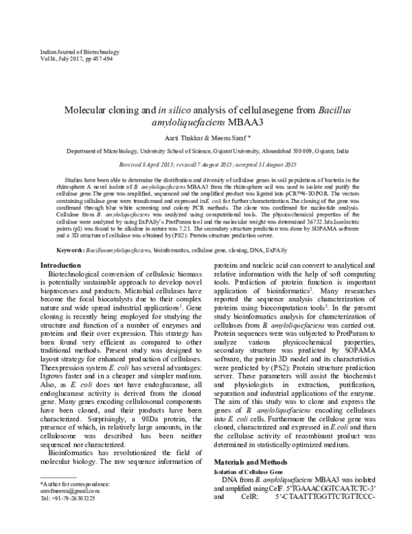(PDF) Molecular cloning and in silico analysis of cellulasegene from ...