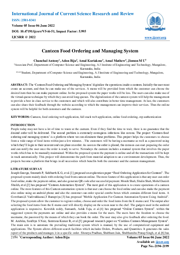(PDF) Canteen Food Ordering and Managing System chanchal antony