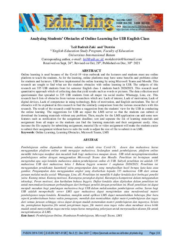 (PDF) Analyzing Students Obstacles of Online Learning for UIB English Class