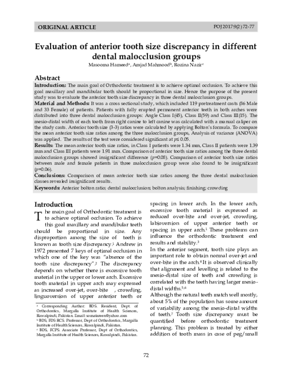 (PDF) Evaluation of anterior tooth size discrepancy in different dental