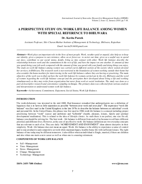 (PDF) A Perspective Study On: Work Life Balance Among Women with ...