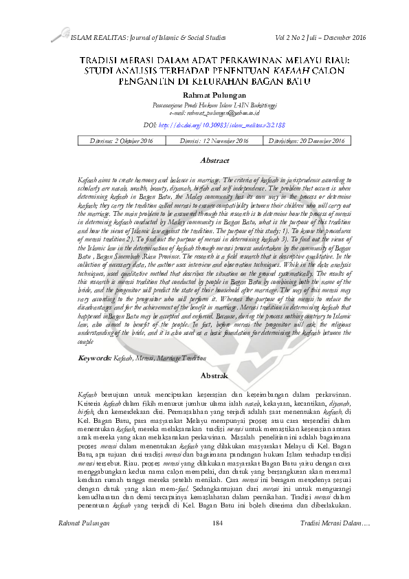 (PDF) Tradisi Merasi Dalam Adat Perkawinan Melayu Riau (Studi Analisis ...