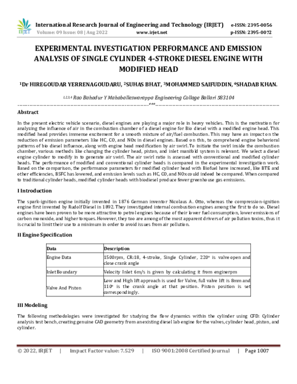 (PDF) EXPERIMENTAL INVESTIGATION PERFORMANCE AND EMISSION ANALYSIS OF ...
